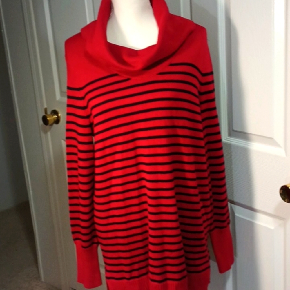 Lauren Ralph Lauren Red and Black Striped Cowl Neck Sweater